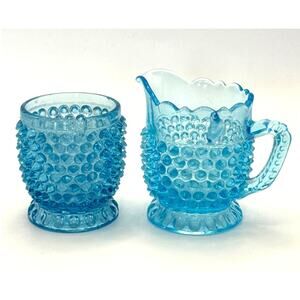 Vintage Blue Hobnail Glass Creamer Sugar Set Chipped